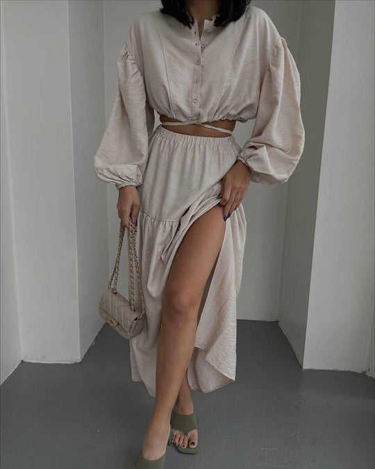 Damen Zweiteiliges Boho-Set mit Cropped-Bluse und Maxirock mit Schlitz Shop Nory