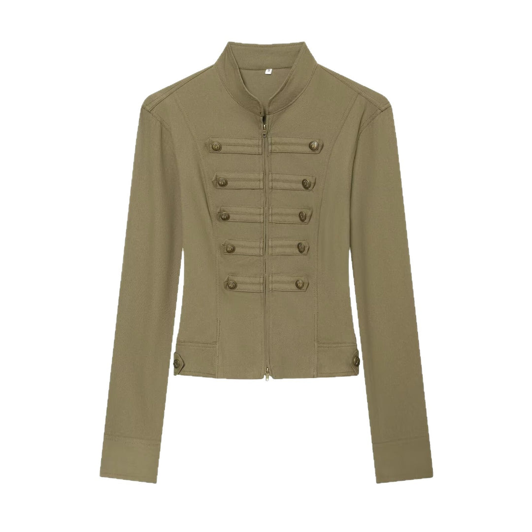 Damen Taillierte Militärinspirierte Kurzjacke mit Stehkragen und Zierknopfleisten Shop Nory