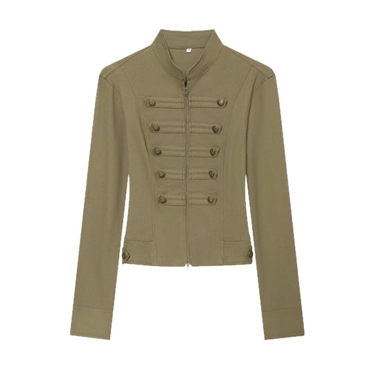 Damen Taillierte Militärinspirierte Kurzjacke mit Stehkragen und Zierknopfleisten Shop Nory