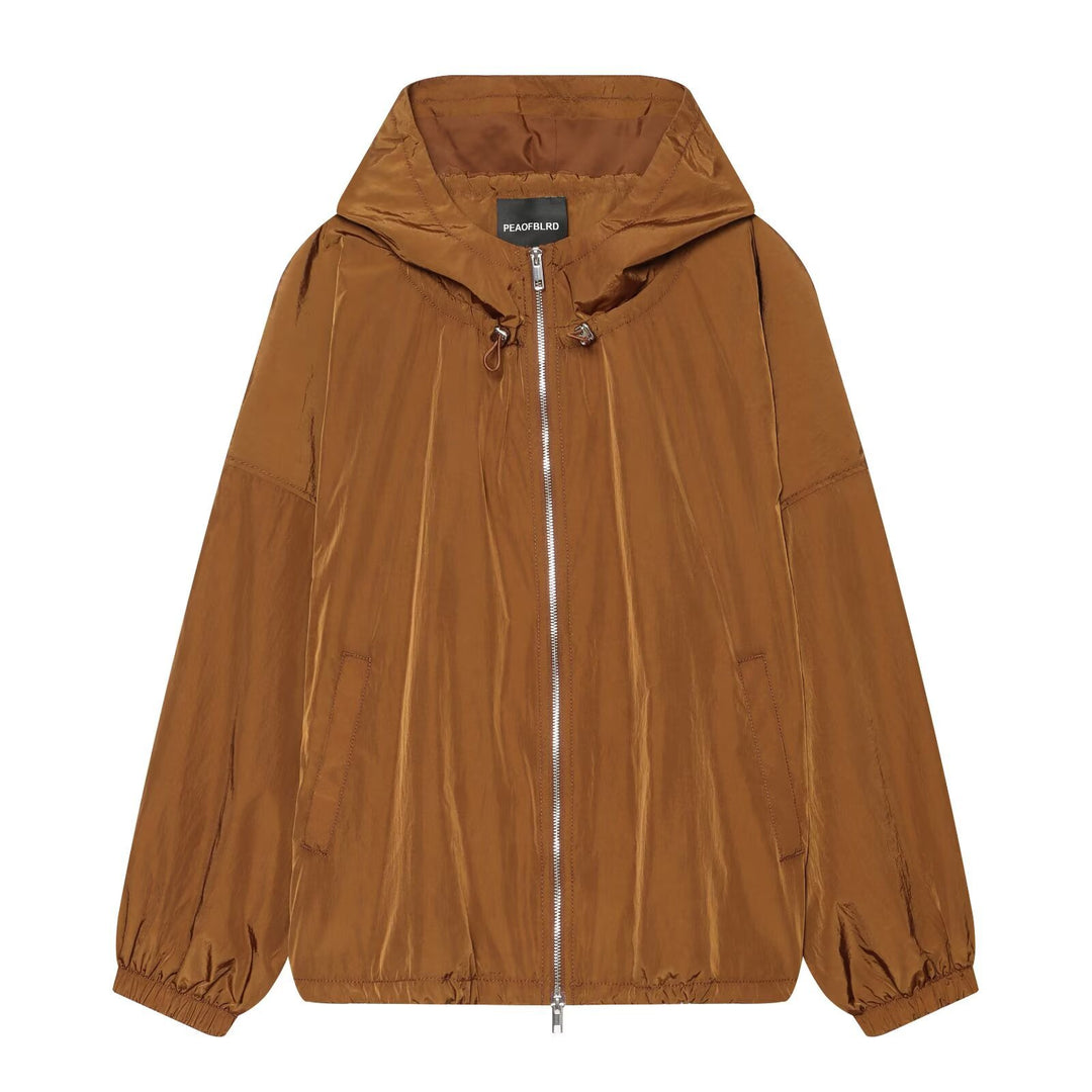 Damen Leichte Kapuzen‑Windjacke aus glänzendem Nylon mit Tunnelzug und Zwei‑Wege‑Reißverschluss Shop Nory