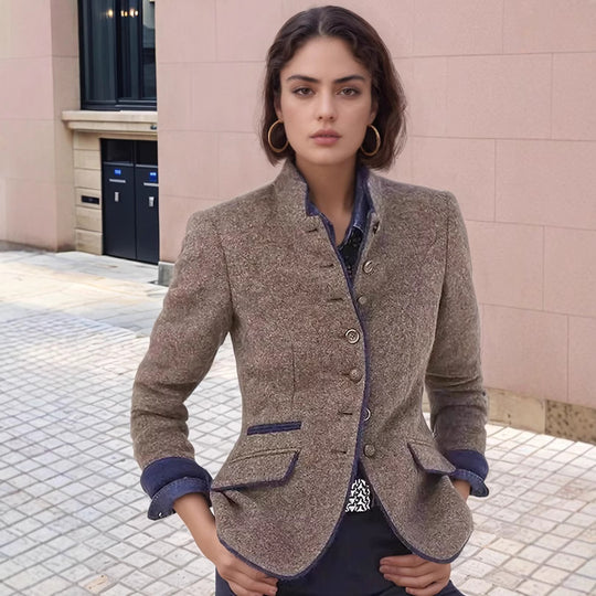 Damen Taillierter Walkblazer mit Stehkragen, Samtbesatz und Zierknöpfen Shop Nory