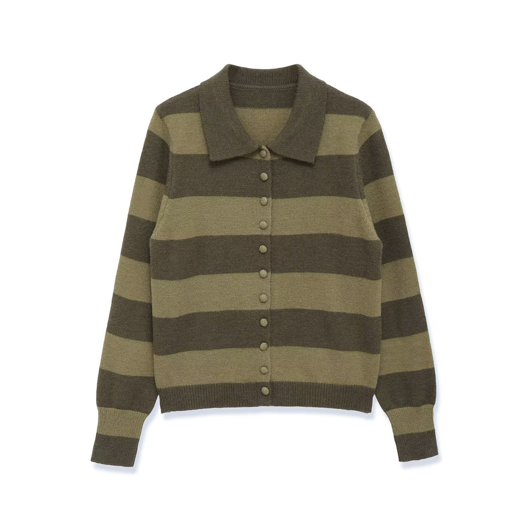 Damen Gestreifte Strickjacke mit Polokragen und Knopfleiste Shop Nory