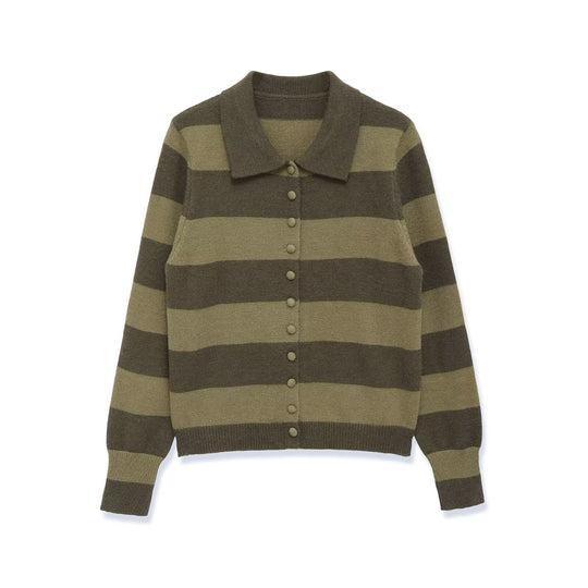 Damen Gestreifte Strickjacke mit Polokragen und Knopfleiste Shop Nory