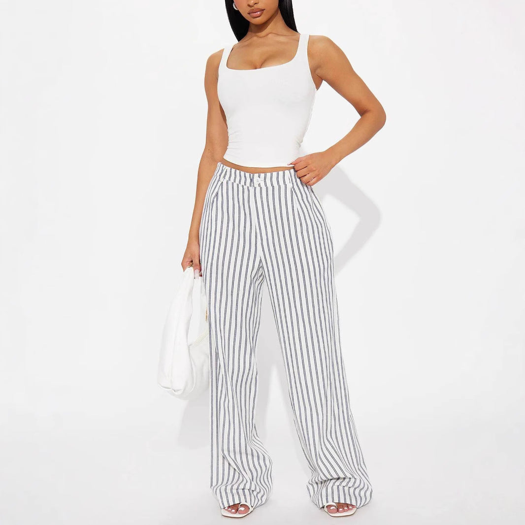 Damen Leinenoptik Palazzo-Hose mit hoher Taille und vertikalen Streifen Shop Nory
