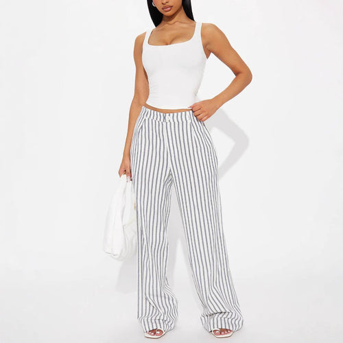 Damen Leinenoptik Palazzo-Hose mit hoher Taille und vertikalen Streifen Shop Nory
