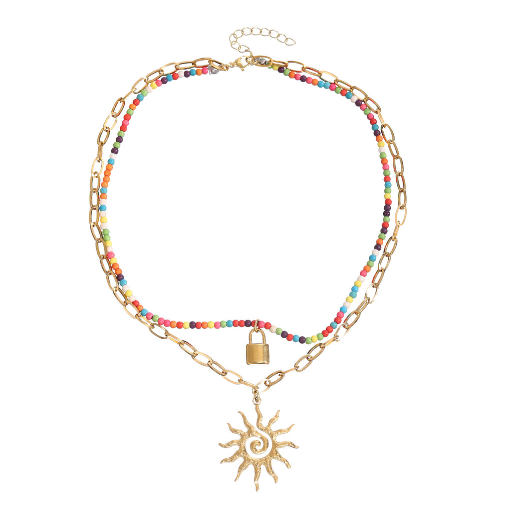 Damen 2-reihige Halskette mit bunten Perlen und Sonnensymbol Shop Nory