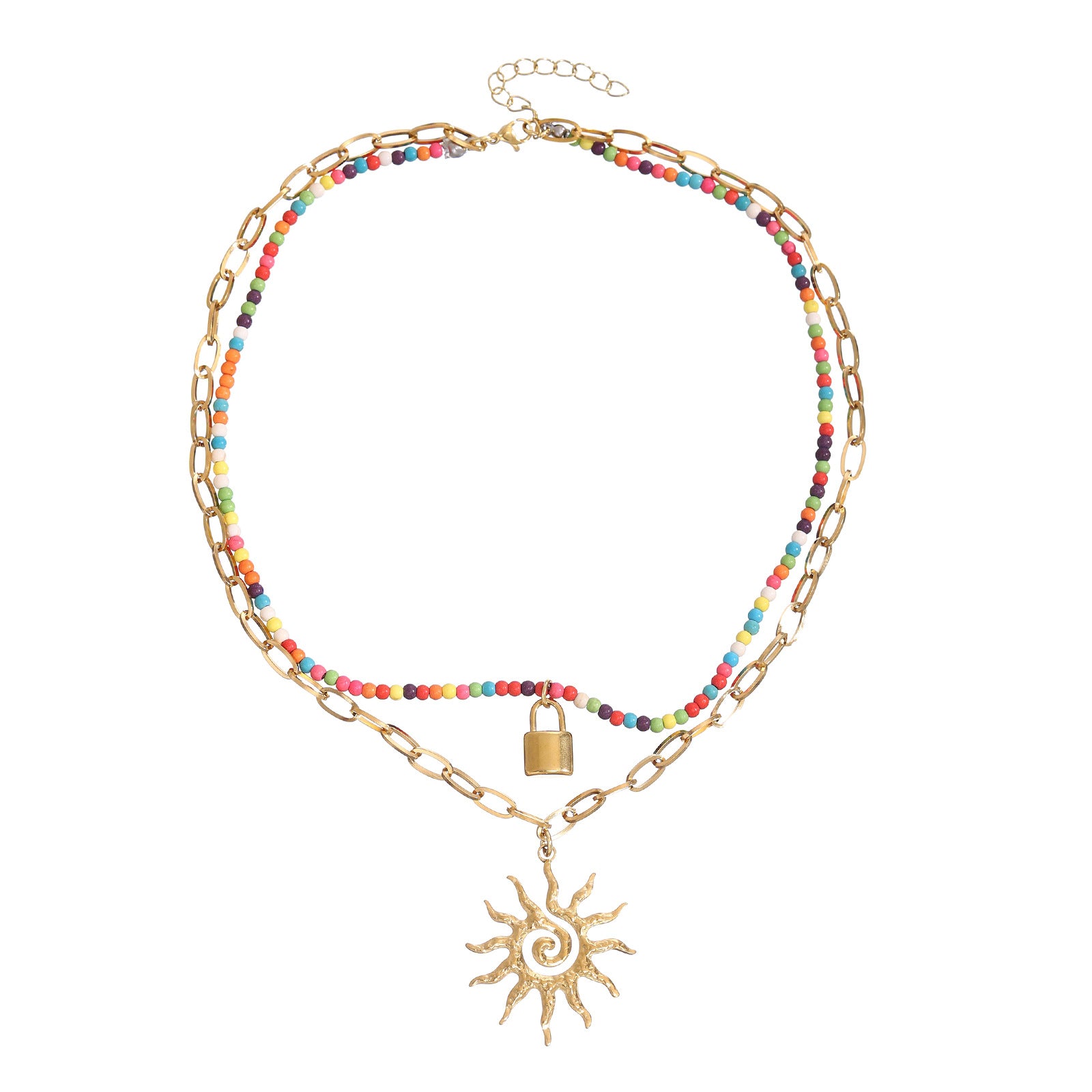 Damen 2-reihige Halskette mit bunten Perlen und Sonnensymbol Shop Nory