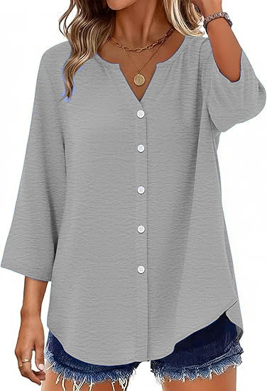 Damen Leichte V-Ausschnitt Blusenjacke mit 3/4-Ärmeln, geschwungenem Saum und durchgehender Knopfleiste Shop Nory