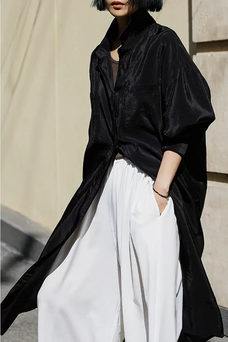 Damen Oversize Hemdblusen-Mantel mit Brusttasche, Seitenschlitz und fließender Leinenoptik Shop Nory