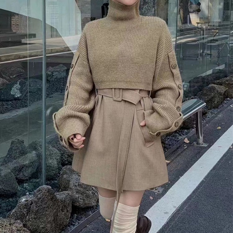 Damen Kurzgeschnittener Rollkragen-Bolero-Überwurf mit langen Ärmelknöpfen Shop Nory