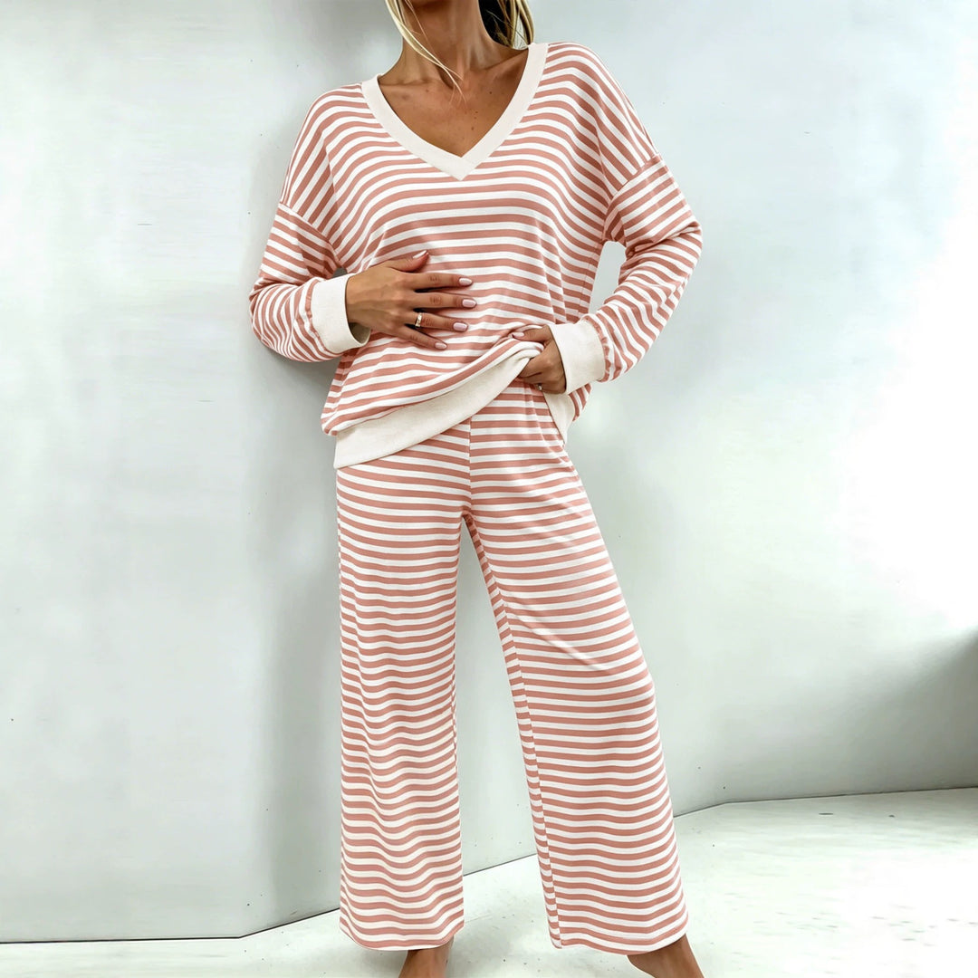 Damen Gestreiftes Lounge-Set mit V-Ausschnitt, Oversize-Pullover und Palazzo-Hose Shop Nory