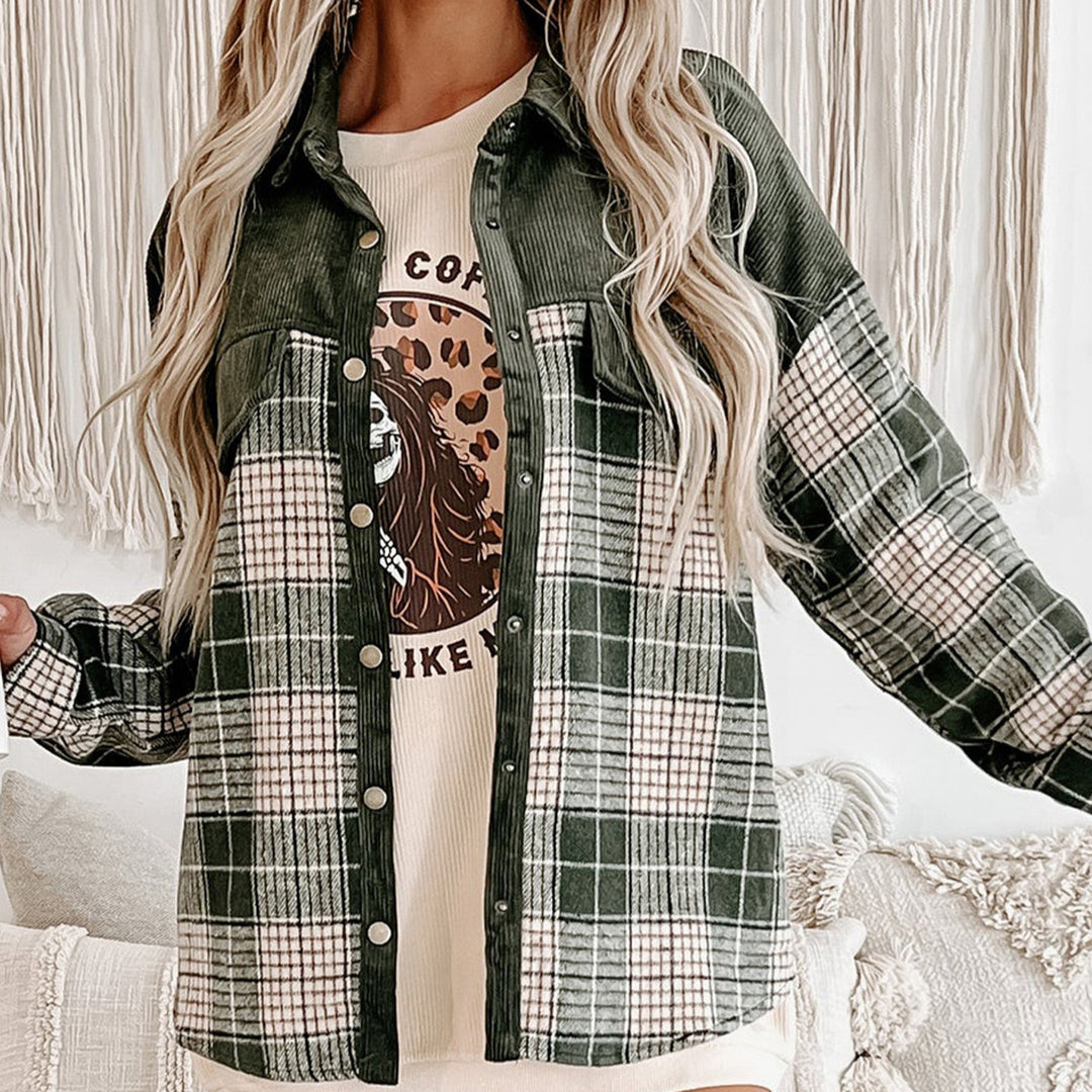 Damen Oversize karierte Hemdjacke mit Cordbesatz und Druckknöpfen Shop Nory