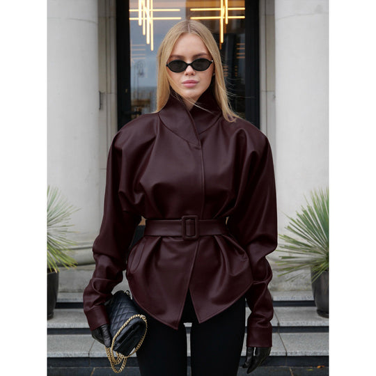 Damen Lederoptik Jacke mit tailliertem Gürtel und hohem Stehkragen Shop Nory