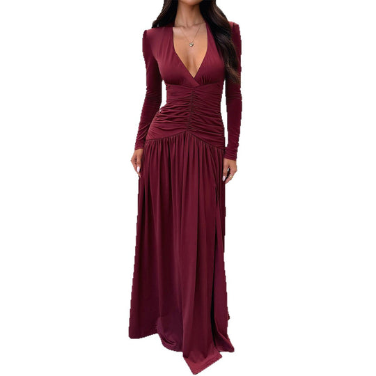 Damen nan elegantes Abendkleid mit gerafftem Wickeloberteil, hohem Beinschlitz und Samtärmeln Shop Nory