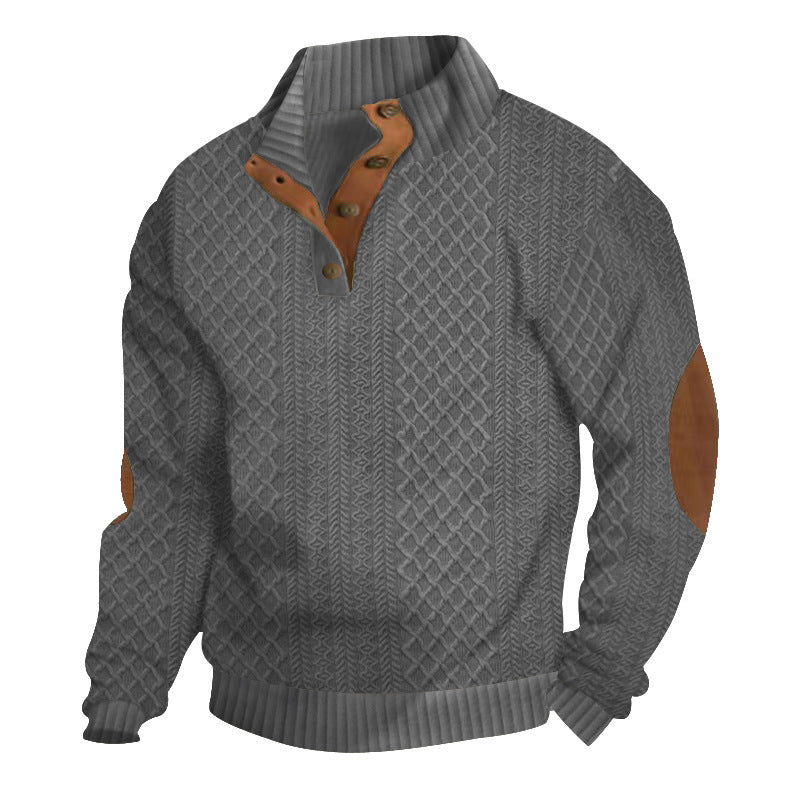 Herren Strukturiertes Zopfmuster-Henley-Pullover mit Lederbesatz an Ellbogen & Knopfleiste Shop Nory