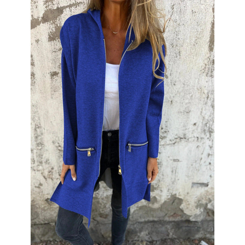 Damen Kapuzen-Longcardigan mit durchgehendem Reißverschluss und Ziertaschen Shop Nory