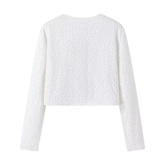 Damen Kurze Paillettenjacke mit Zierschleifen, Rundhalsausschnitt und langen Ärmeln Shop Nory