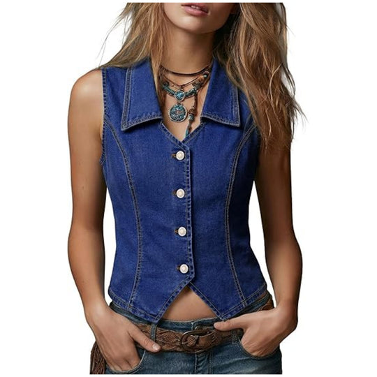Damen Taillierte Jeansweste mit spitzem Saum und Knopfleiste Shop Nory