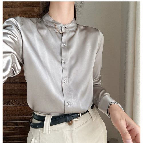 Damen Elegante satinierte Bluse mit knöpfbarem Ausschnitt Shop Nory