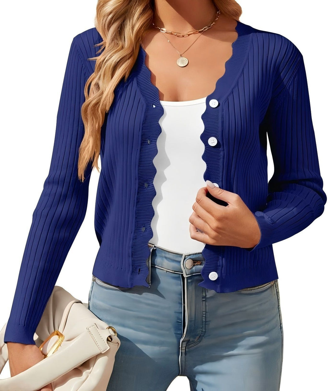 Damen Feiner Rippstrick Cropped-Cardigan mit Wellensaum und dekorativer Knopfleiste Shop Nory