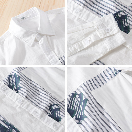 Herren Casual-Overshirt aus Baumwollpopeline mit gestreiften Patch-Einsätzen und Pinselprint Shop Nory