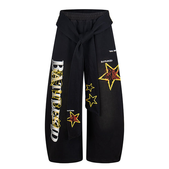 Damen Weite Palazzo-Culottehose mit integriertem Bindegürtel und Stern-Grafik Shop Nory