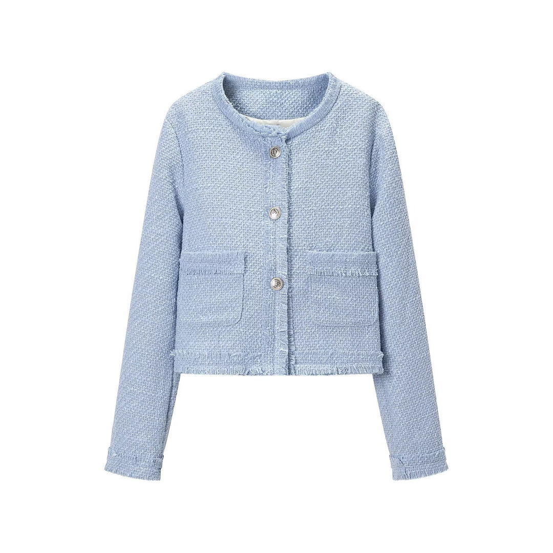 Damen Cropped Bouclé‑Jacke mit Rundhalsausschnitt, Fransenbesatz und aufgesetzten Pattentaschen Shop Nory