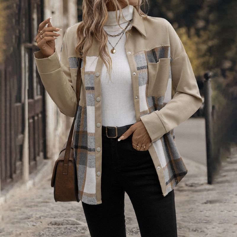 Damen Oversized Hemdjacke mit kariertem Frontpanel, Druckknopfverschluss und aufgesetzten Brusttaschen Shop Nory