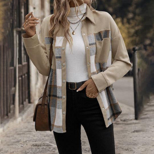 Damen Oversized Hemdjacke mit kariertem Frontpanel, Druckknopfverschluss und aufgesetzten Brusttaschen Shop Nory