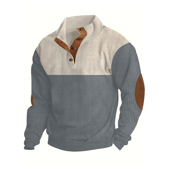 Herren Strukturierter Halbknopf-Pullover mit Stehkragen, Rippenstruktur und Ellenbogen-Patches Shop Nory