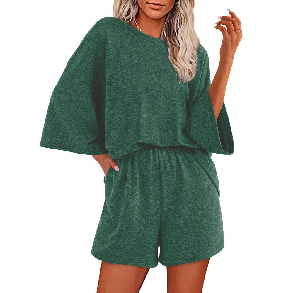 Damen Oversized Fledermaus Kurzarm Lounge Oberteil und Shorts Set mit Elastischem Bund Shop Nory