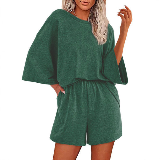 Damen Oversized Fledermaus Kurzarm Lounge Oberteil und Shorts Set mit Elastischem Bund Shop Nory