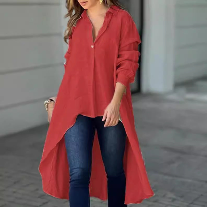 Damen Leichte Leinen‑Tunika‑Bluse mit asymmetrischem High‑Low‑Schwanz und Hemdkragen Shop Nory