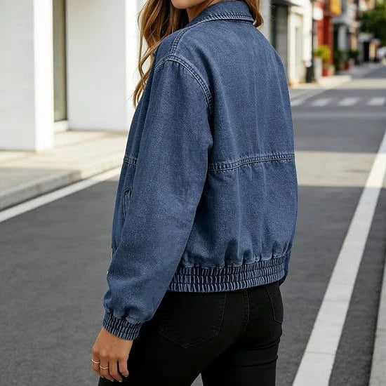 Damen Leichte Cropped-Jeansjacke mit Gummibündchen und Reißverschluss Shop Nory