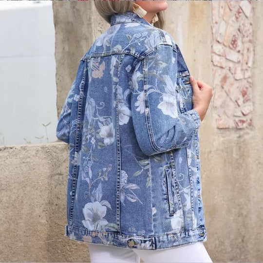 Damen Längere Jeansjacke mit floraler Allover-Print, Brust-Pattentaschen und lässiger Oversize-Passform Shop Nory