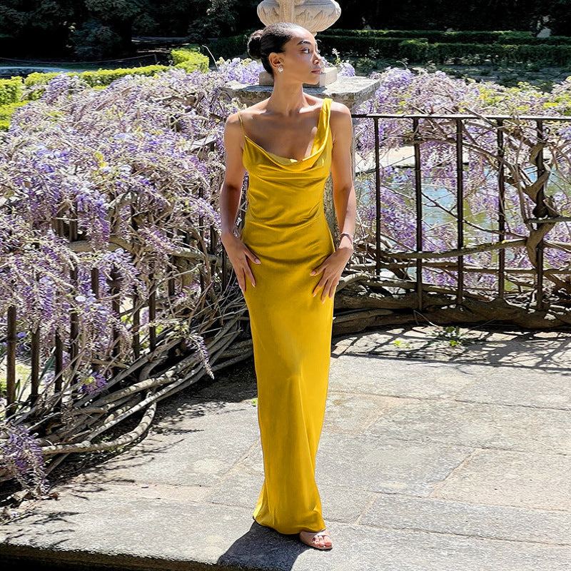 Damen Maxikleid mit schickem Wasserfallausschnitt und fließendem Satin-Stoff