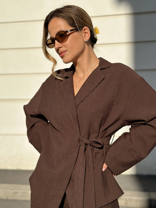 Damen Wickel-Blazer mit Bindegürtel, lässigem Oversize‑Schnitt und Reverskragen Shop Nory