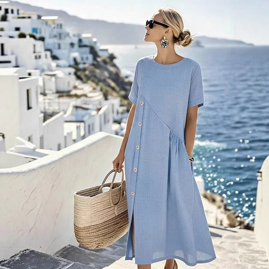 Damen Luftiges Sommerkleid mit seitlicher Knopfleiste, kurzen Ärmeln und Schlitz Shop Nory