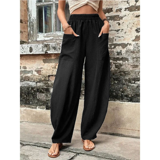 Damen Weite Leinenhose mit elastischem Bund, aufgesetzten Taschen und lässigem Harem-Schnitt Shop Nory