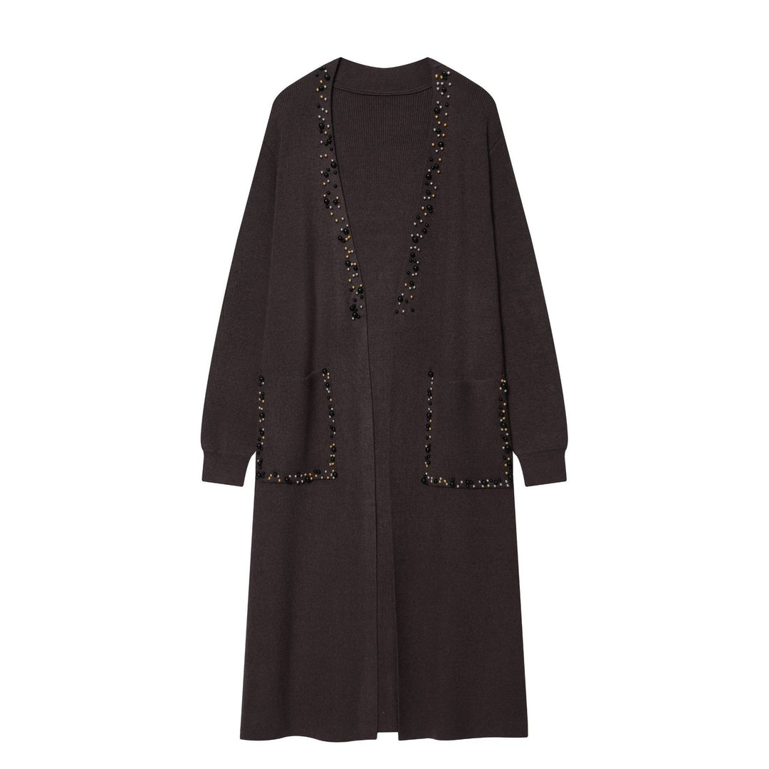 Damen langer Strickcardigan mit Perlenverzierung und aufgesetzten Taschen Shop Nory