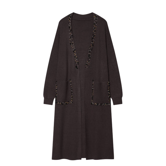 Damen langer Strickcardigan mit Perlenverzierung und aufgesetzten Taschen Shop Nory