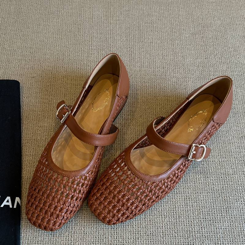 Damen geschlossene Ballerinas mit festem Riemen und geflochtenem Obermaterial