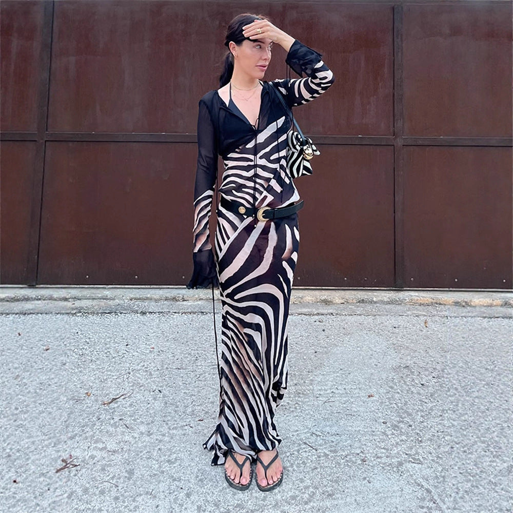 Damen figurbetontes Mesh‑Maxikleid mit tiefem V‑Ausschnitt & grafischem Zebra‑Print Shop Nory