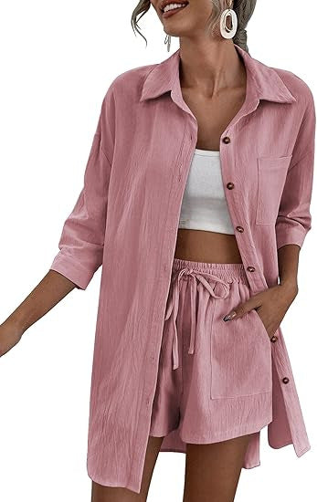 Damen Leichtes Longline-Hemdjacken-Set mit elastischer High-Waist-Shorts Shop Nory