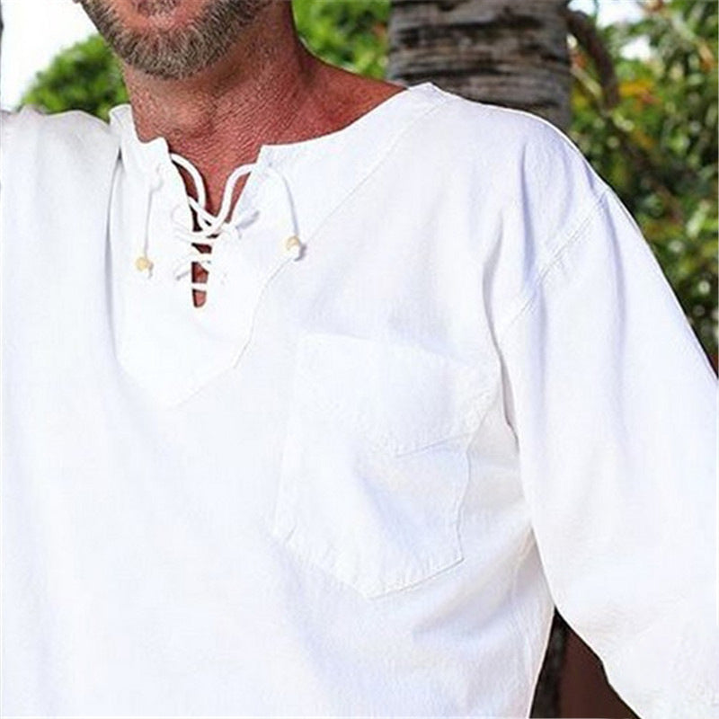 Herren Leichtes Baumwoll‑Leinen Freizeitset mit Schnürkragen und 3/4‑Ärmeln Shop Nory