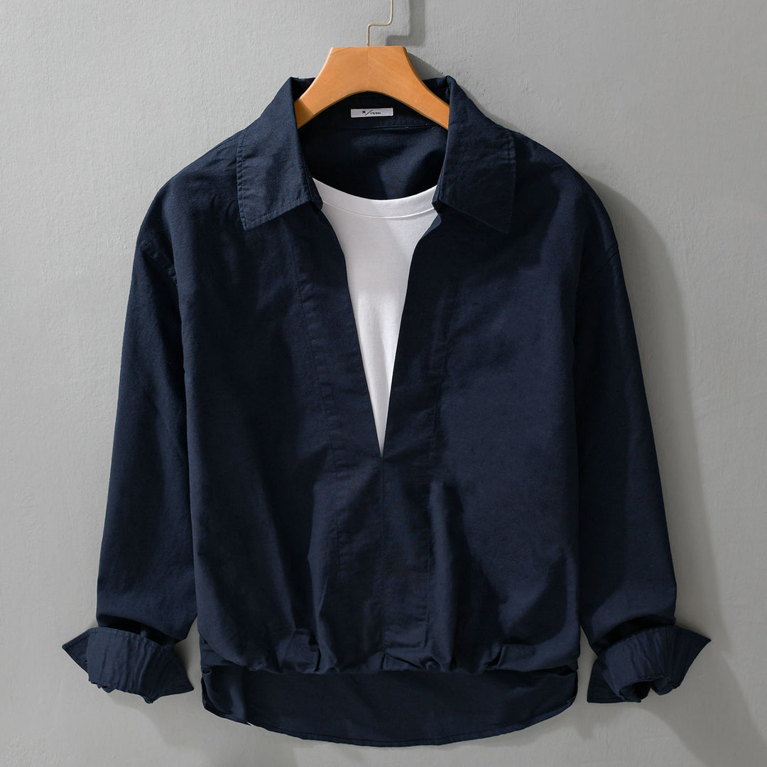 Herren Leichtes Leinen-Overshirt mit V-Ausschnitt, Hemdkragen und elastischem Saum Shop Nory