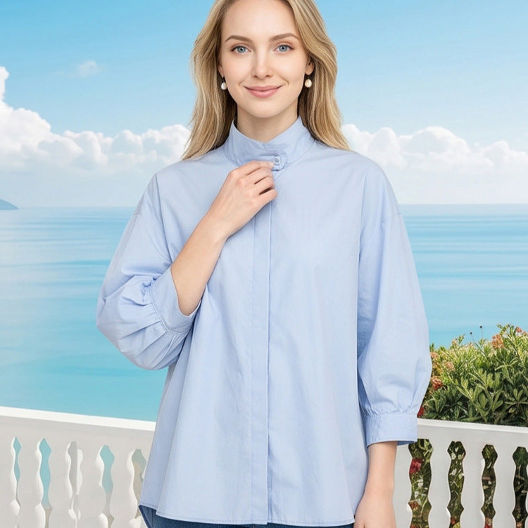 Damen Oversize-Bluse mit verdeckter Knopfleiste, 3/4-Ärmeln und leichter Popeline-Qualität Shop Nory