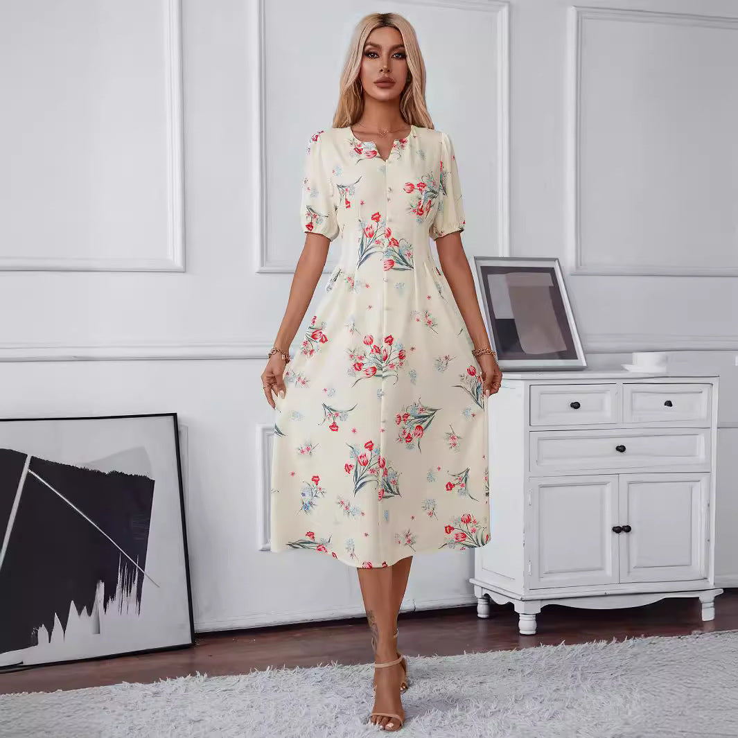 Damen Midikleid mit floralem Print, taillierter Silhouette und Puffärmeln Shop Nory