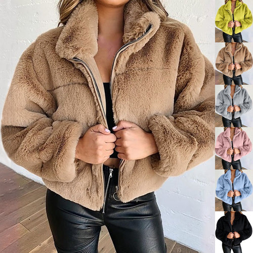Damen nan kurze kuschelige Kunstpelzjacke mit Stehkragen und Reißverschluss Shop Nory