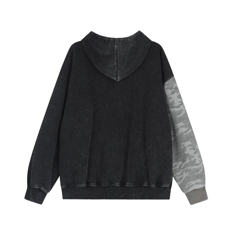 Unisex Oversize-Kapuzen-Zipjacke mit Camouflage-Ärmel, Washed‑Effekt und erhabener Frontstickerei Shop Nory